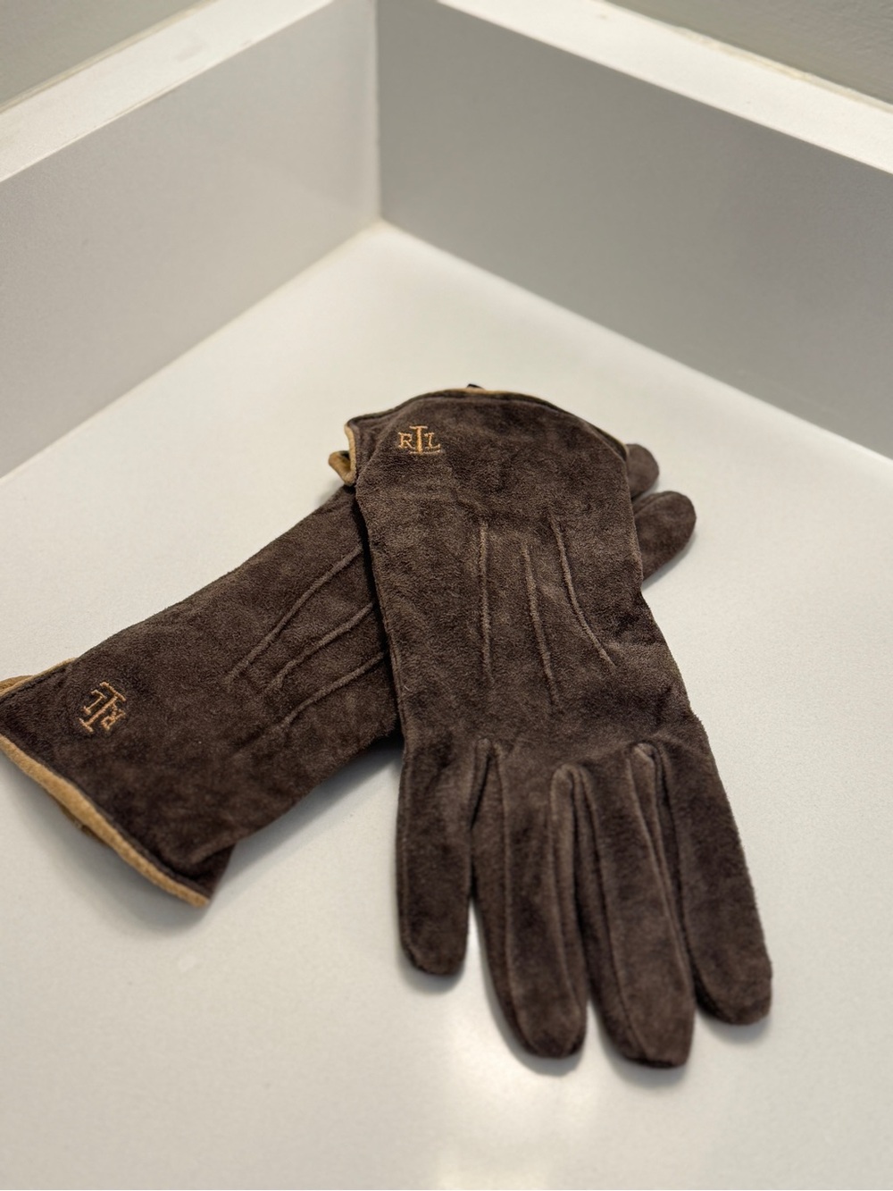 Lauren Ralph Lauren Suede Leather Gloves Brown Embroidered LRL Logo